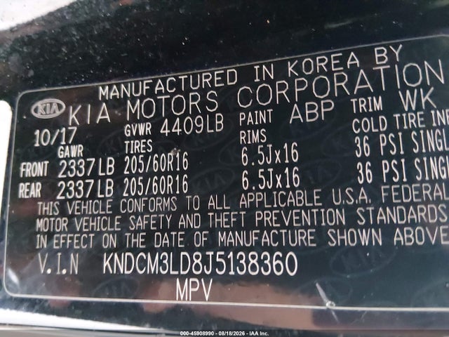 45908990 :رقم المزاد ، KNDCM3LD8J5138360 vin ، 2018 Kia Niro Plug-in Hybrid Lx مزاد بيع