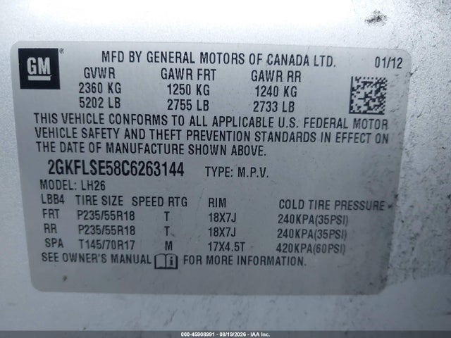 45908991 :رقم المزاد ، 2GKFLSE58C6263144 vin ، 2012 Gmc Terrain Sle-2 مزاد بيع