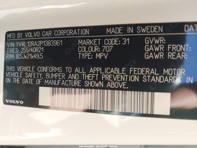 Auction sale of the 2023 Volvo Xc60 B5 Ultimate Bright Theme, vin: YV4L12RA2P1383961, lot number: 45908994
