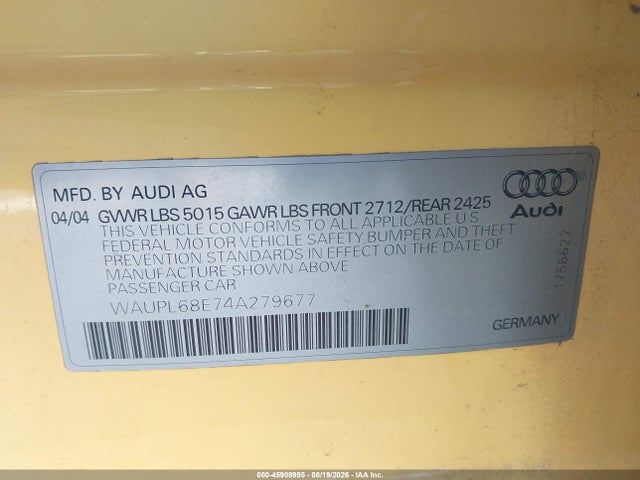Aukcja sprzedaży 2004 Audi S4 4.2, vin: WAUPL68E74A279677, numer aukcji: 45908995