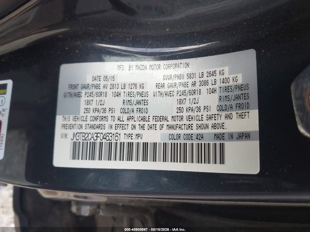Aukcja sprzedaży 2015 Mazda Cx-9 Touring, vin: JM3TB2CA3F0463161, numer aukcji: 45908997