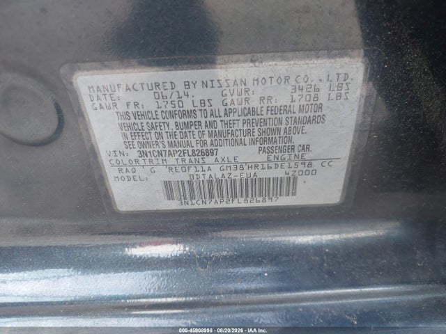 45908998 :رقم المزاد ، 3N1CN7AP2FL826897 vin ، 2015 Nissan Versa 1.6 S+ مزاد بيع