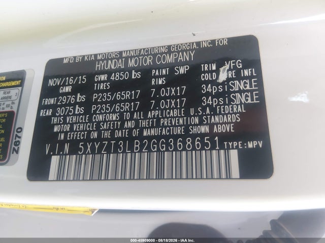 Aukcja sprzedaży 2016 Hyundai Santa Fe Sport 2.4l, vin: 5XYZT3LB2GG368651, numer aukcji: 45909000