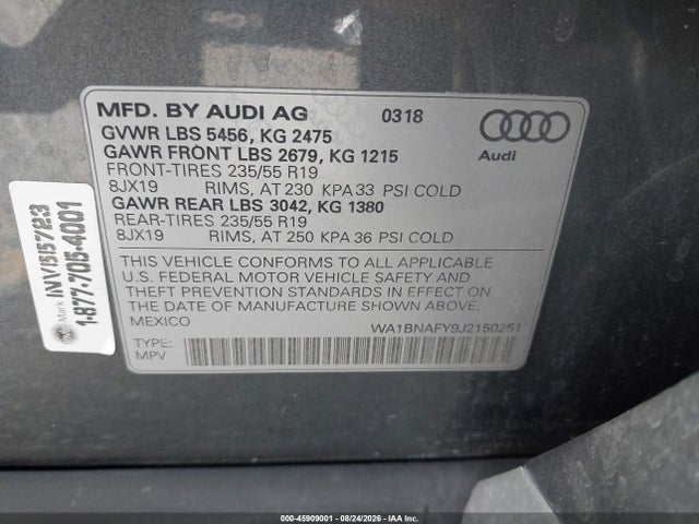45909001 :رقم المزاد ، WA1BNAFY9J2150251 vin ، 2018 Audi Q5 2.0t Premium/2.0t Tech Premium مزاد بيع