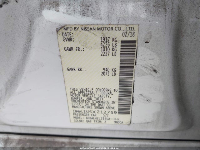 Продаж на аукціоні авто 2018 Nissan Altima 2.5 Sr, vin: 1N4AL3AP3JC212759, номер лоту: 45909002