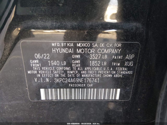 Продаж на аукціоні авто 2022 Hyundai Accent Se, vin: 3KPC24A69NE176741, номер лоту: 45909006