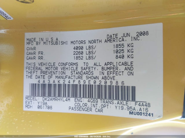 Aukcja sprzedaży 2009 Mitsubishi Eclipse Gs, vin: 4A3AK24F89E020986, numer aukcji: 45909008