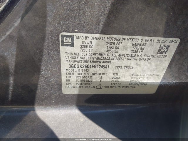 Продажа на аукционе авто 2015 Chevrolet Silverado 1500 Ltz, vin: 3GCUKSEC1FG124941, номер лота: 45909013