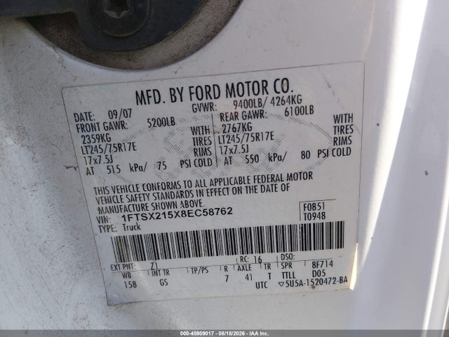 Продаж на аукціоні авто 2008 Ford Super Duty F-250 Srw, vin: 1FTSX215X8EC58762, номер лоту: 45909017
