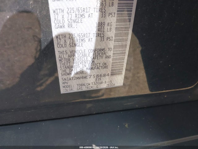Aukcja sprzedaży 2017 Nissan Rogue Sv, vin: 5N1AT2MV4HC758684, numer aukcji: 45909019
