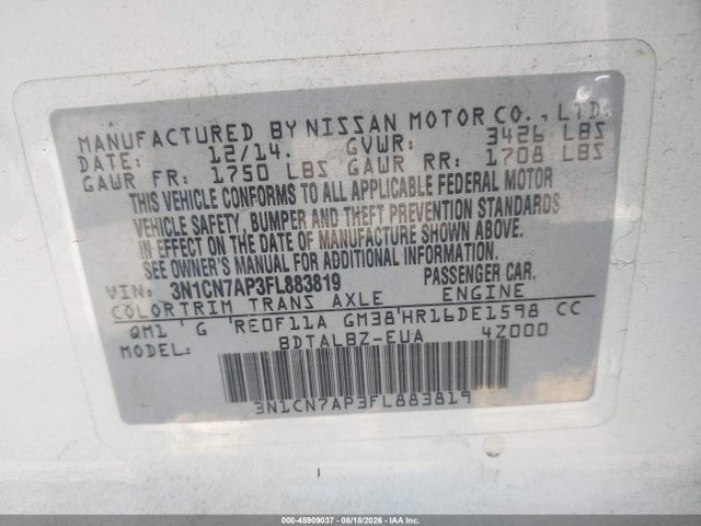 3N1CN7AP3FL883819 Nissan Versa 1.6 Sv