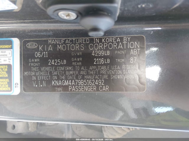Продажа на аукционе авто 2011 Kia Optima Lx, vin: KNAGM4A79B5162492, номер лота: 45909045