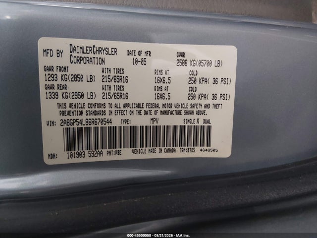 Продажа на аукционе авто 2006 Chrysler Town & Country Touring, vin: 2A8GP54L86R670544, номер лота: 45909058