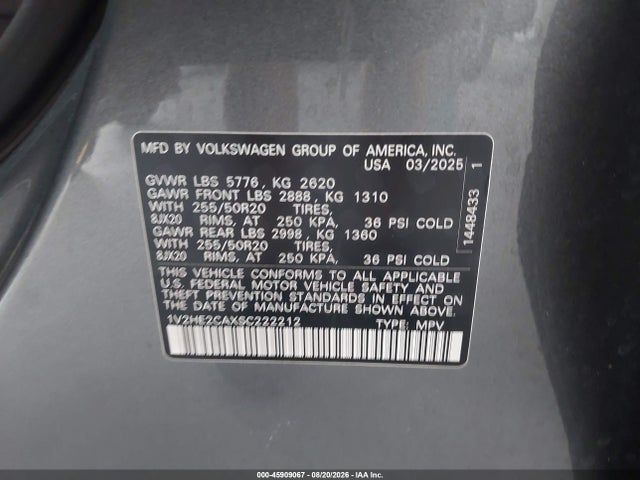 45909067 :رقم المزاد ، 1V2HE2CAXSC222212 vin ، 2025 Volkswagen Atlas Cross Sport 2.0t Se W/technology مزاد بيع