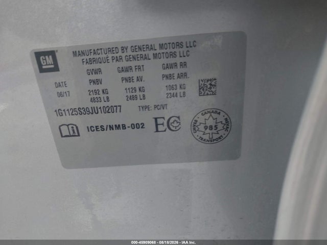 Продаж на аукціоні авто 2018 Chevrolet Impala 2lz, vin: 1G1125S39JU102077, номер лоту: 45909068