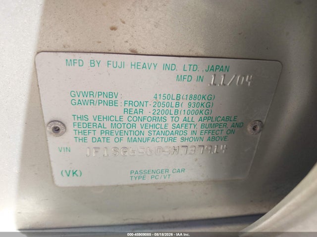 45909085 :رقم المزاد ، JF1SG65605H737914 vin ، 2005 Subaru Forester 2.5xs مزاد بيع