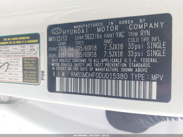 Продаж на аукціоні авто 2013 Hyundai Santa Fe Gls, vin: KM8SMDHF0DU015380, номер лоту: 45909086