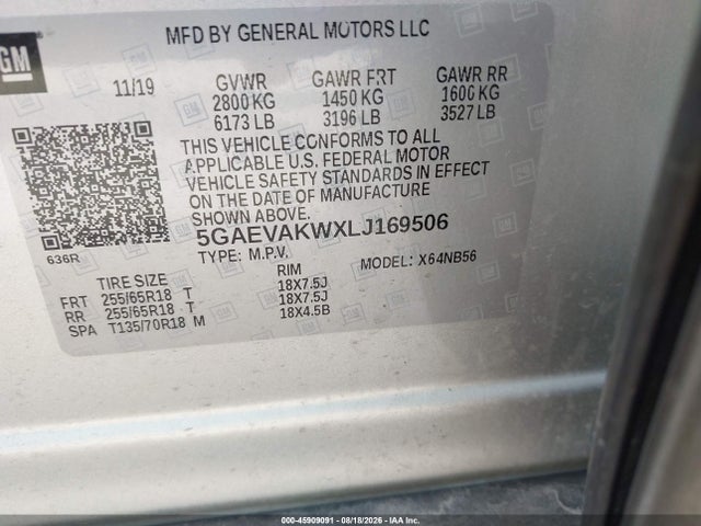 45909091 :رقم المزاد ، 5GAEVAKWXLJ169506 vin ، 2020 Buick Enclave Awd Essence مزاد بيع