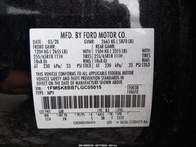 Продажа на аукционе авто 2020 Ford Explorer, vin: 1FMSK8BB7LGC05015, номер лота: 45909100