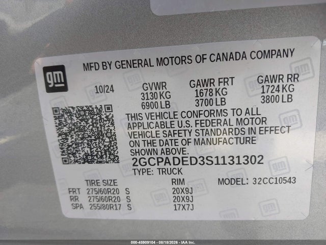 Auction sale of the 2025 Chevrolet Silverado 1500 2wd  Short Bed Rst, vin: 2GCPADED3S1131302, lot number: 45909104