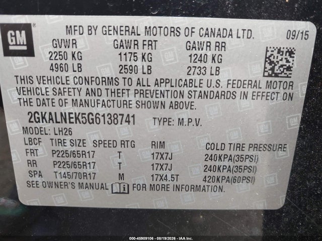 Aukcja sprzedaży 2016 Gmc Terrain Sle-2, vin: 2GKALNEK5G6138741, numer aukcji: 45909106