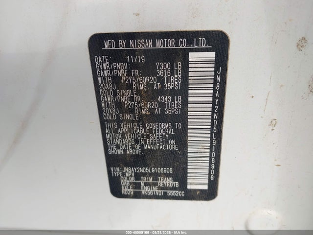 Продаж на аукціоні авто 2020 Nissan Armada Sl 2wd, vin: JN8AY2ND5L9106906, номер лоту: 45909108