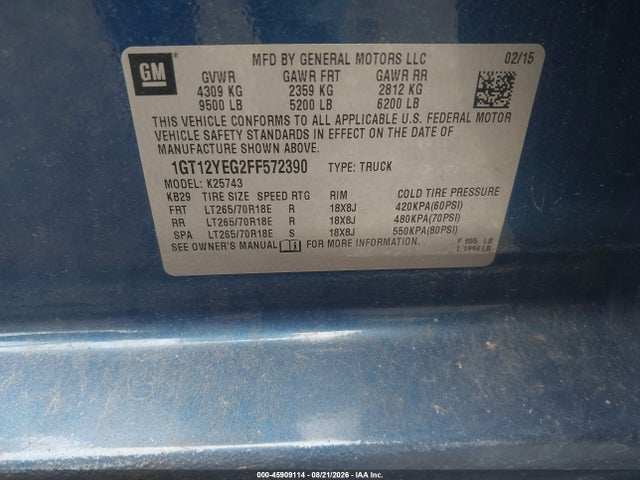 Продаж на аукціоні авто 2015 Gmc Sierra 2500hd Available Wifi Sle, vin: 1GT12YEG2FF572390, номер лоту: 45909114