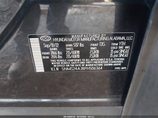 Продаж на аукціоні авто 2023 Hyundai Santa Fe Sel, vin: 5NMS24AJ8PH506364, номер лоту: 45909120