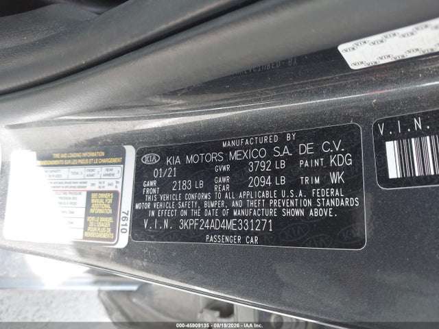 45909135 :رقم المزاد ، 3KPF24AD4ME331271 vin ، 2021 Kia Forte Lxs مزاد بيع