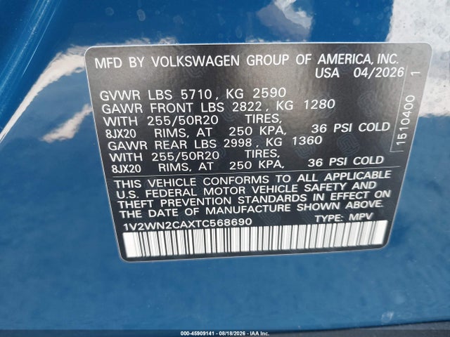 Aukcja sprzedaży 2026 Volkswagen Atlas Se With Technology, vin: 1V2WN2CAXTC568690, numer aukcji: 45909141
