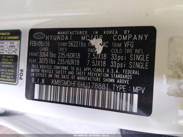 Продаж на аукціоні авто 2017 Hyundai Santa Fe Se, vin: KM8SMDHF6HU178881, номер лоту: 45909145