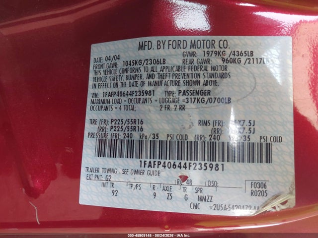 2004 Ford Mustang მანქანა იყიდება აუქციონზე, vin: 1FAFP40644F235981, აუქციონის ნომერი: 45909148