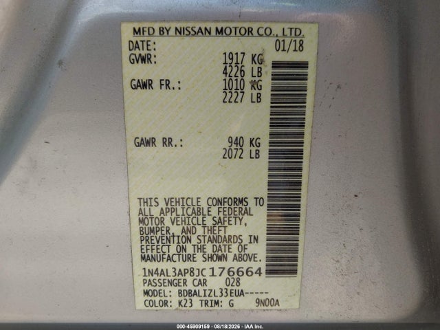 45909159 :رقم المزاد ، 1N4AL3AP8JC176664 vin ، 2018 Nissan Altima 2.5 Sv مزاد بيع
