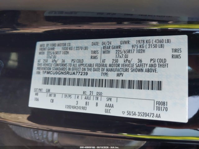 Продаж на аукціоні авто 2024 Ford Escape Active, vin: 1FMCU0GN5RUA77239, номер лоту: 45909166