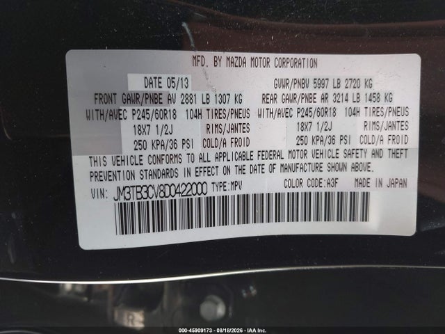 Aukcja sprzedaży 2013 Mazda Cx-9 Touring, vin: JM3TB3CV8D0422000, numer aukcji: 45909173