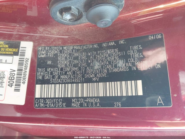 Продаж на аукціоні авто 2006 Toyota Sienna Le, vin: 5TDZA23C66S489211, номер лоту: 45909175