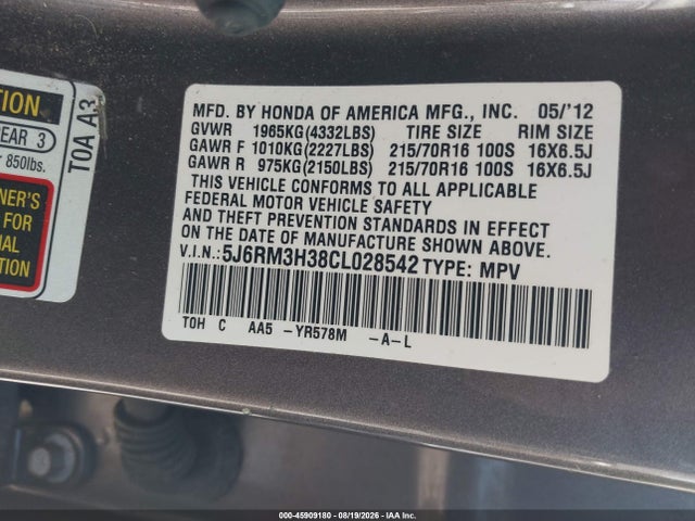 Продаж на аукціоні авто 2012 Honda Cr-v Lx, vin: 5J6RM3H38CL028542, номер лоту: 45909180