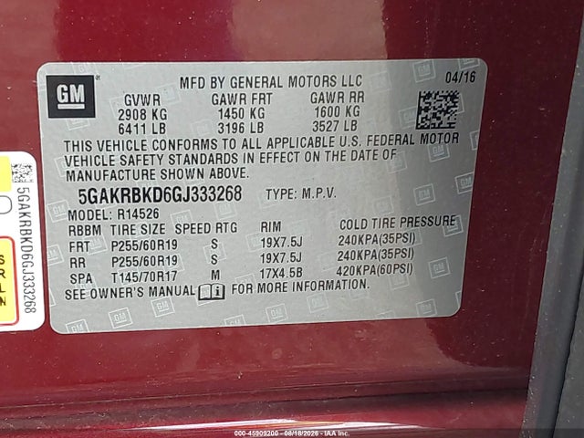 Продаж на аукціоні авто 2016 Buick Enclave Leather, vin: 5GAKRBKD6GJ333268, номер лоту: 45909200