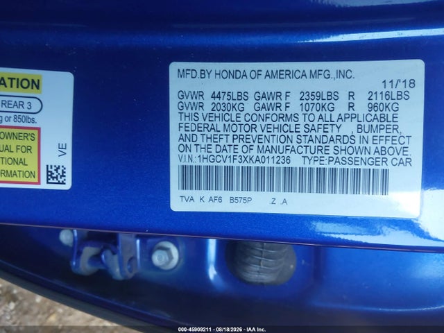 Продажа на аукционе авто 2019 Honda Accord Sport, vin: 1HGCV1F3XKA011236, номер лота: 45909211