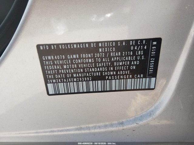 45909230 :رقم المزاد ، 3VW2K7AJXEM293992 vin ، 2014 Volkswagen Jetta 2.0l S مزاد بيع