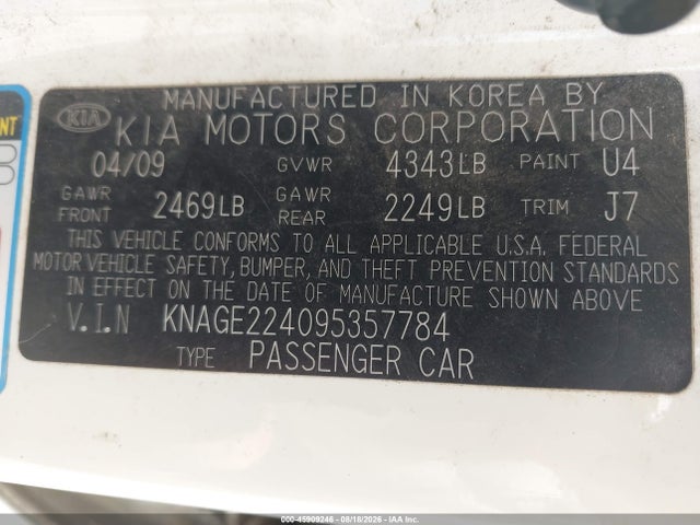 45909246 :رقم المزاد ، KNAGE224095357784 vin ، 2009 Kia Optima Ex V6 مزاد بيع