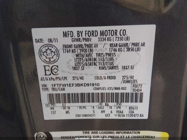 45909262 :رقم المزاد ، 1FTFW1EF3BKD91910 vin ، 2011 Ford F-150 Xlt مزاد بيع