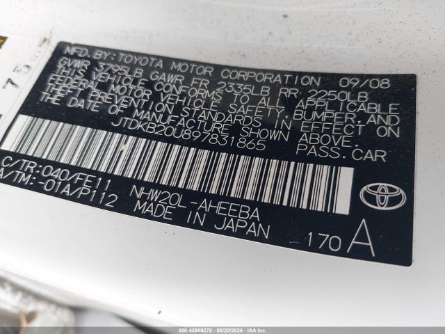 Aukcja sprzedaży 2009 Toyota Prius, vin: JTDKB20U897831865, numer aukcji: 45909278