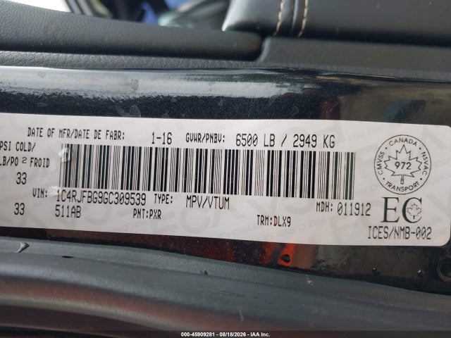 Aukcja sprzedaży 2016 Jeep Grand Cherokee Limited, vin: 1C4RJFBG9GC309539, numer aukcji: 45909281