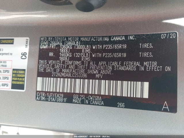 45909287 :رقم المزاد ، 2T2HZMDA8LC253396 vin ، 2020 Lexus Rx 350 مزاد بيع