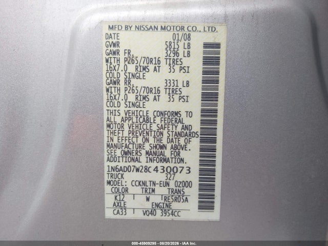 45909295 :رقم المزاد ، 1N6AD07W28C430073 vin ، 2008 Nissan Frontier Se مزاد بيع