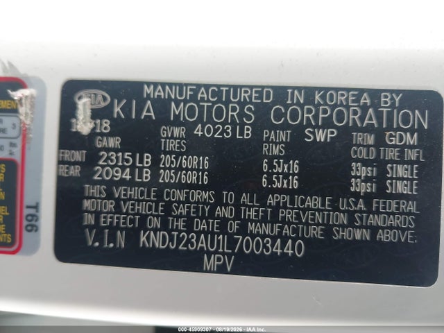 45909307 :رقم المزاد ، KNDJ23AU1L7003440 vin ، 2020 Kia Soul Lx مزاد بيع