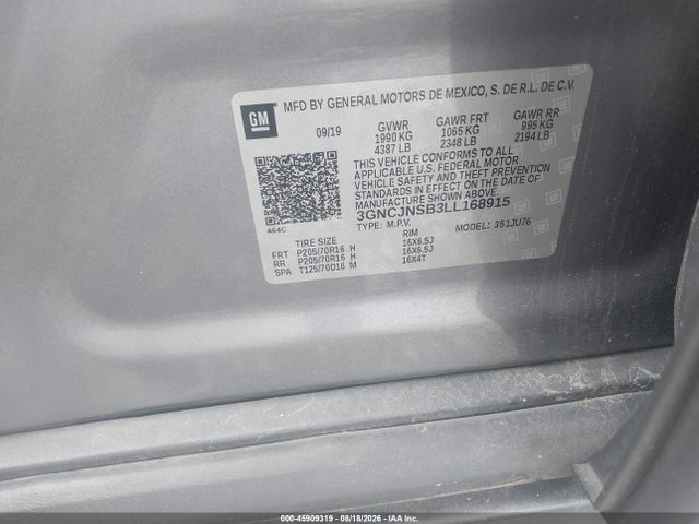Aukcja sprzedaży 2020 Chevrolet Trax Awd Ls, vin: 3GNCJNSB3LL168915, numer aukcji: 45909319