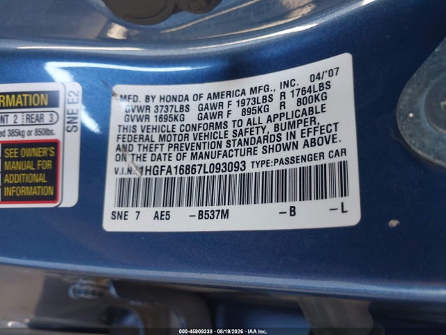 2007 Honda Civic Ex მანქანა იყიდება აუქციონზე, vin: 1HGFA16867L093093, აუქციონის ნომერი: 45909338