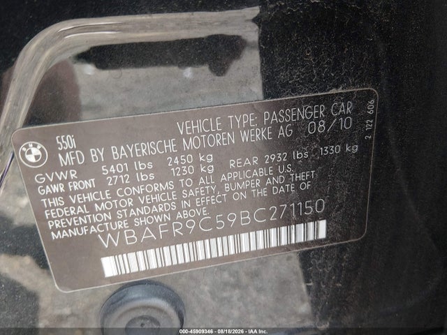 Aukcja sprzedaży 2011 Bmw 550i, vin: WBAFR9C59BC271150, numer aukcji: 45909346